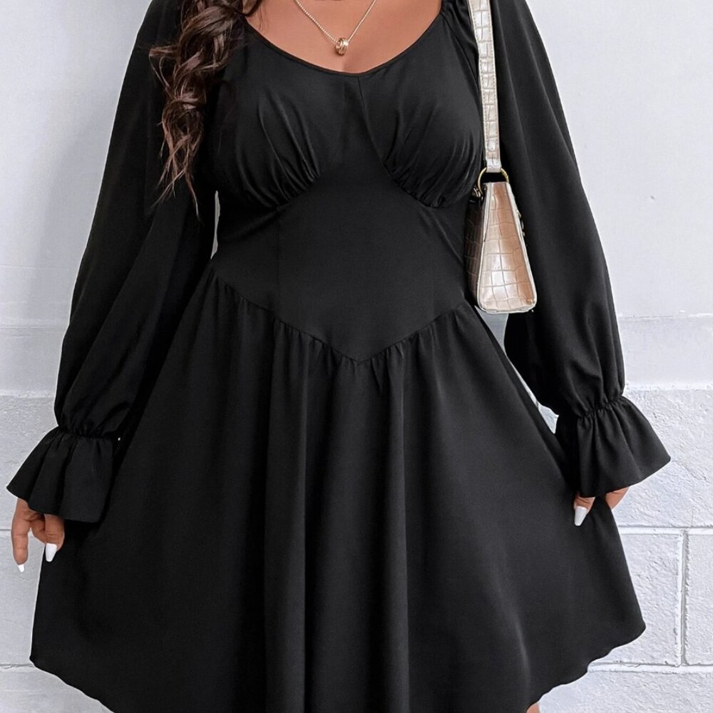 Black Flounce Sleeve Ruched Bust Dress 4X